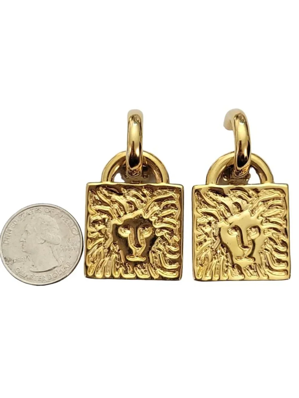 Anne Klein Gold-Tone Hoop Square Signature Lion Head Jacket Clip Earrings E965